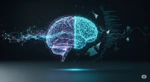A glowing, holographic brain merges with abstract lines of code, representing the concept of AI-powered coding.