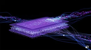 A digital illustration of a transformer model's architecture, showing layers of glowing nodes processing data and connected by lines representing self-attention.