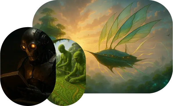 ai generated images of a robot reading humanoids made of bioorganic, and a floating living eco friendly ship.