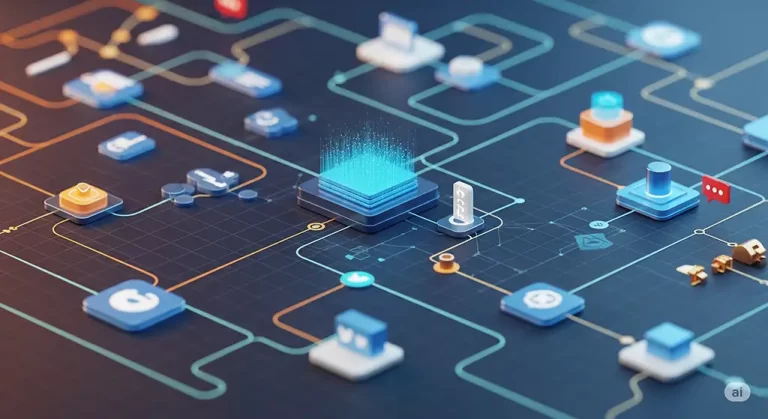 A hyperrealistic, vivid graphic illustrating a complex network of interconnected nodes and pathways, representing a digital strategy and AI-enhanced marketing system with data flow and predictive analytics.