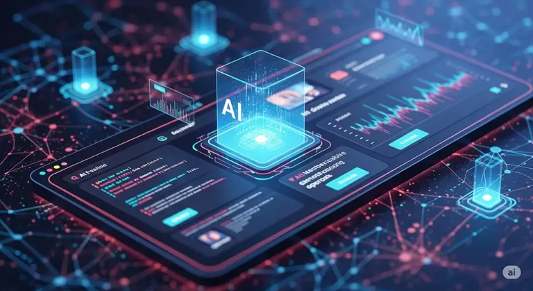 A hyperrealistic image representing AI integrated into web development, showing futuristic UI elements, code, and data connections, signifying optimization and advanced capabilities.