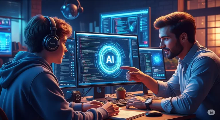 A hyperrealistic, vivid graphic depicting an AI and development education or tutoring session, showing interaction between a student and tutor with advanced technology displays.
