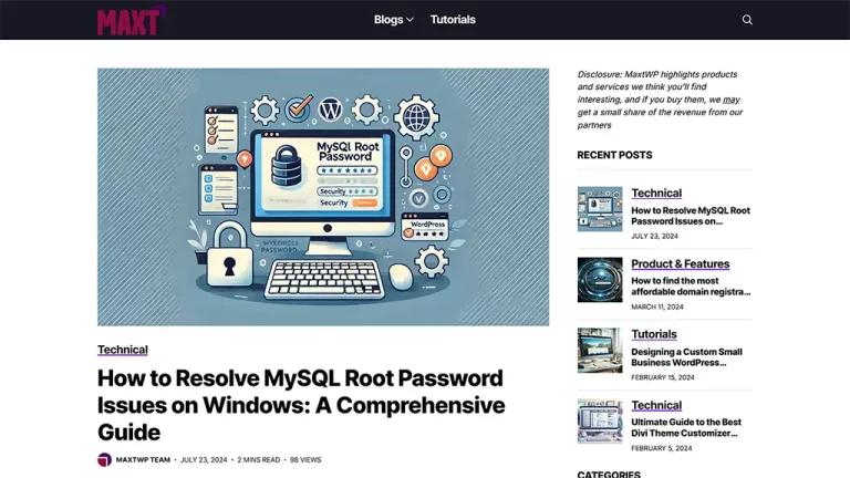 Screenshot of MaxtWP.com blog page showing a featured article "How to Resolve MySQL Root Password Issues on Windows" and recent posts