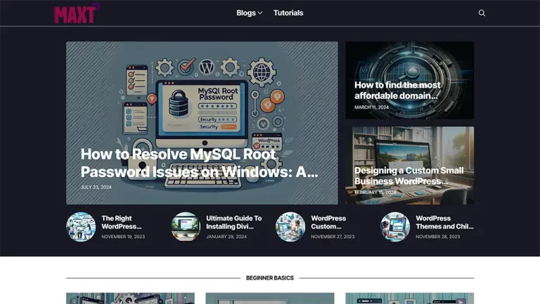 Homepage screenshot of MaxtWP.com blog displaying various WordPress technical articles and tutorials in a grid layout