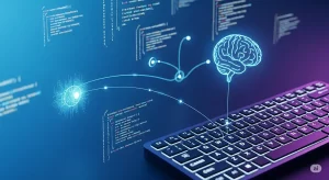 A stylized image representing prompt engineering best practices for an AI coding assistant, showing the connection between human input and successful code generation.