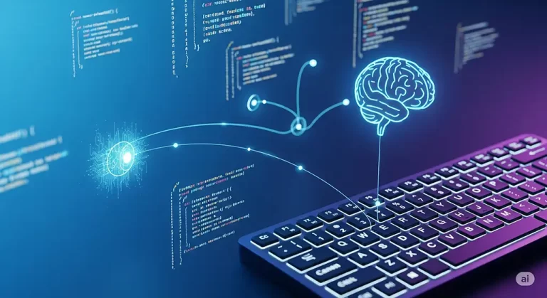 A stylized image representing prompt engineering best practices for an AI coding assistant, showing the connection between human input and successful code generation.