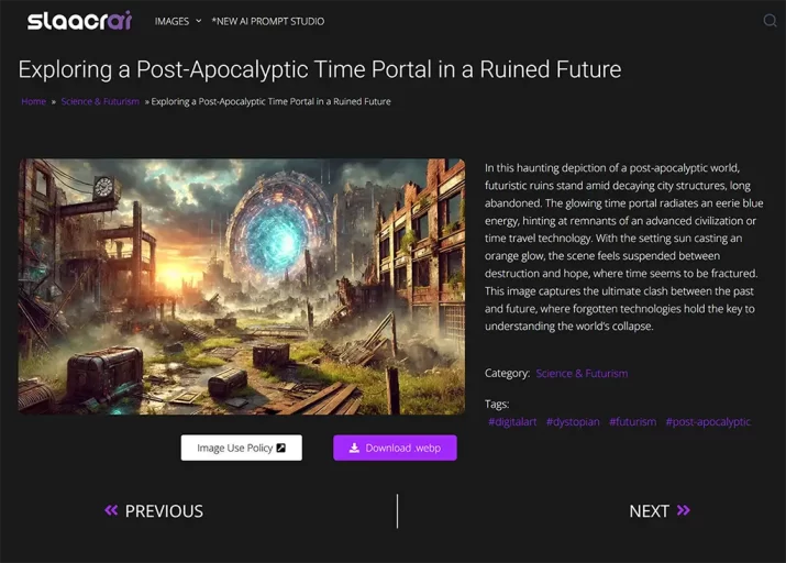 Slaacr.com Gallery Item Screenshot showing an image and description of an AI generated image