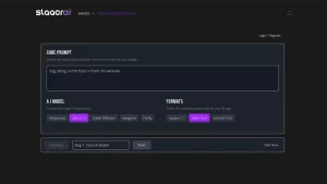 Slaacr.com AI Prompt Studio core prompt input with AI model selection (DALL-E 3, Midjourney) and aspect ratio (wide 16:9)