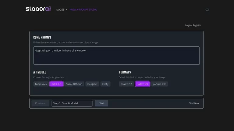 Slaacr.com AI Prompt Studio core prompt input with AI model selection (DALL-E 3, Midjourney) and aspect ratio (wide 16:9)