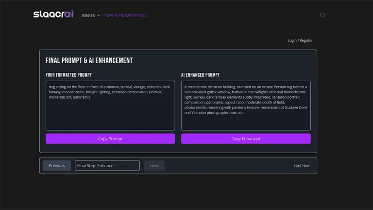Slaacr.com AI Prompt Studio showing user's formatted prompt and AI enhanced prompt for image generation