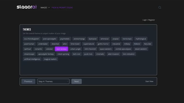 Slaacr.com AI Prompt Studio interface for selecting image themes, with 'Dark Fantasy' highlighted