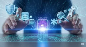 A developer's hands directing various icons (a shield, a database, a magnifying glass) into a central AI core, symbolizing the use of personas for web development.
