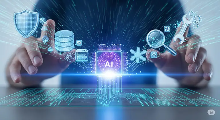 A developer's hands directing various icons (a shield, a database, a magnifying glass) into a central AI core, symbolizing the use of personas for web development.
