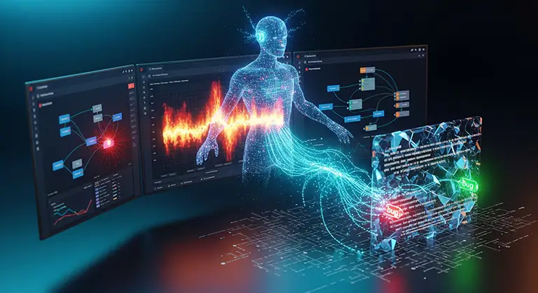 A glowing, humanoid AI figure, composed of data points and light, stands between two holographic screens displaying code, network diagrams, and data analytics. From the AI figure, blue data streams flow into a crystal-like code block with a 'bug' tag, symbolizing AI's ability to analyze, diagnose, and autonomously generate code fixes in web development.
