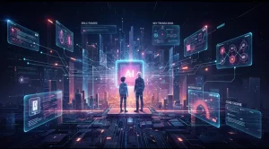 Two individuals standing on a futuristic circuit board walkway, overlooking a neon-lit cityscape with holographic screens displaying code, data, and "AI" at the center, representing the integration of artificial intelligence into web development and urban landscapes.