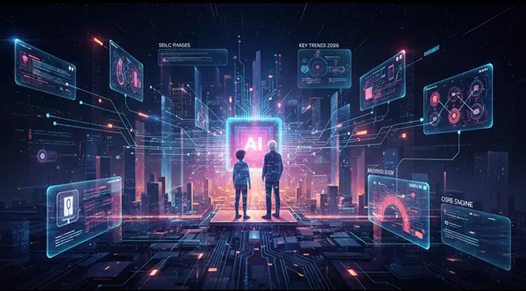 Two individuals standing on a futuristic circuit board walkway, overlooking a neon-lit cityscape with holographic screens displaying code, data, and "AI" at the center, representing the integration of artificial intelligence into web development and urban landscapes.