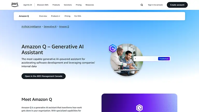 Amazon Q Developer page describing an AWS-native generative AI assistant for building and troubleshooting cloud apps.