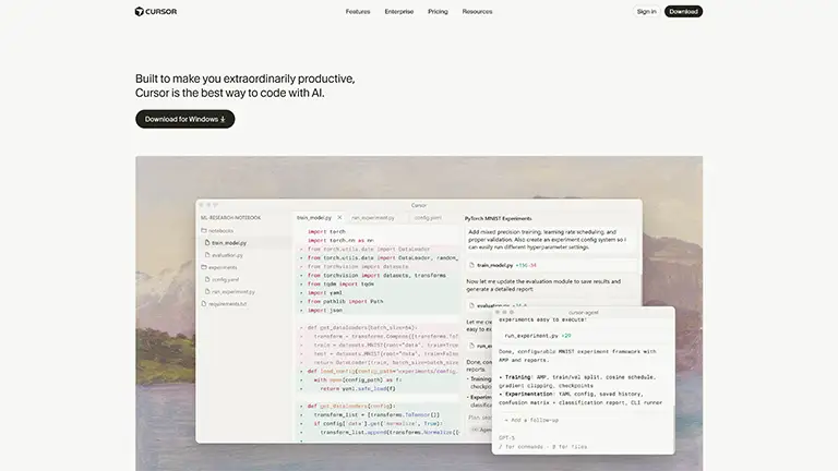 Cursor IDE site showcasing an AI-first code editor with inline suggestions and agent chat on the download page.