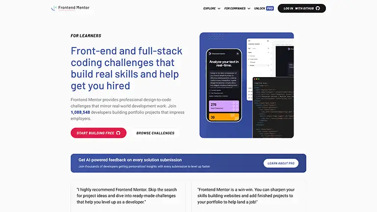 Frontend Mentor landing page promoting front-end coding challenges and AI-powered feedback for learner portfolios.
