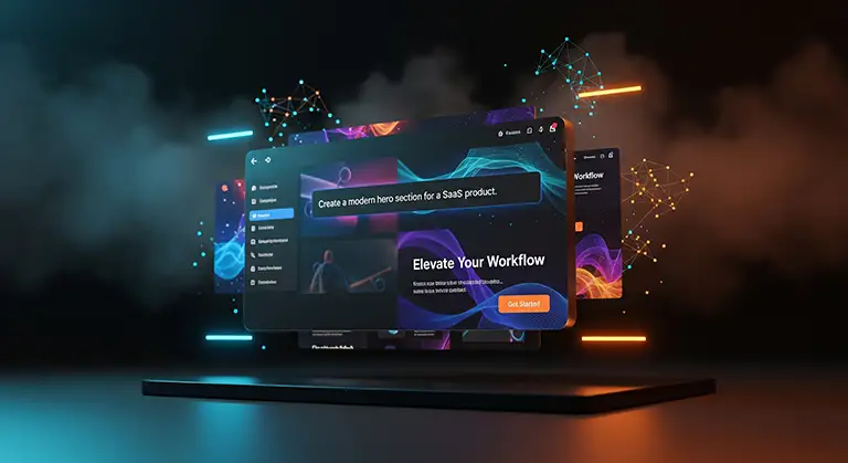 A sleek, modern laptop displaying a user interface where a prompt "Create a modern hero section for a SaaS product." generates a responsive website layout with vibrant colors and abstract design elements, illustrating AI's prompt-to-UI capabilities in web design.