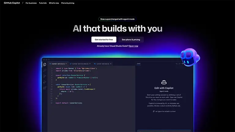 GitHub Copilot homepage showing “AI that builds with you,” Agent Mode, and code + chat panels—AI coding assistant for web developers.