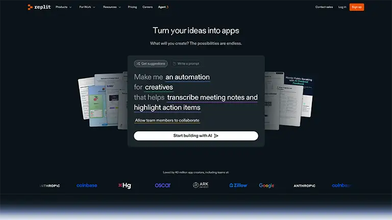 Replit home with “Turn your ideas into apps” and AI Agent prompt box—browser IDE to scaffold and deploy apps with AI.