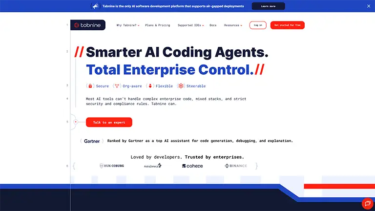 Tabnine homepage highlighting “Smarter AI Coding Agents” and enterprise control—privacy-first, self-hosted AI code assistant.