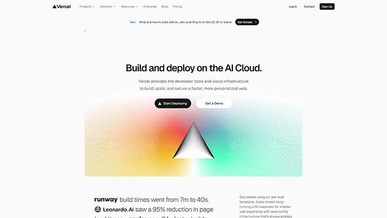 Vercel homepage showing “Build and deploy on the AI Cloud,” with Start Deploying CTA and case studies—serverless hosting and deploys for web apps.