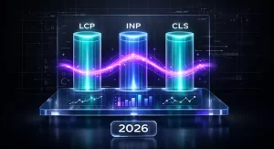 Futuristic 3D glass dashboard displaying Core Web Vitals metrics LCP, INP, and CLS for 2026 technical SEO, featuring a purple interaction data stream and a 2026 badge.