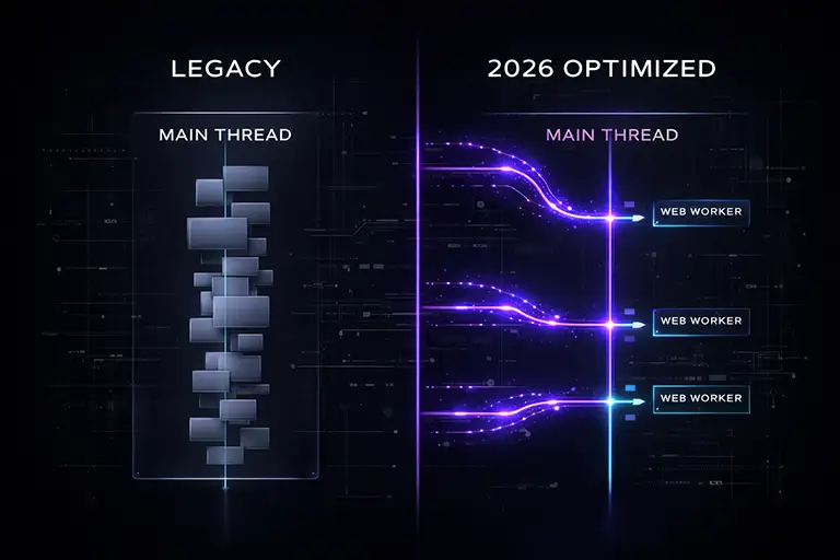 Technical schematic comparing a blocked legacy main thread versus a 2026 optimized architecture using Web Workers to offload JavaScript and improve INP scores.