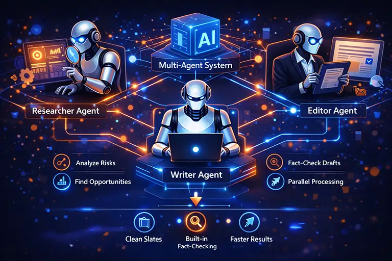 Visual diagram of a multi-agent agentic AI workflow showing researcher, writer, and editor agents connected in a modular system for faster, more accurate AI-driven content creation.