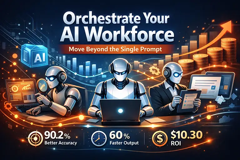 Orchestrating an AI workforce using multi-agent systems to move beyond single prompts, showing specialized AI agents collaborating to improve accuracy, speed, and ROI.