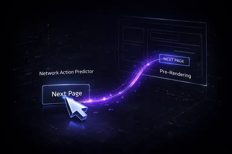 Representative Diagram of "Google Chrome's Network Action Predictor" pre-loading a page before a user clicks, visualized as a purple data stream connecting cursor to content.